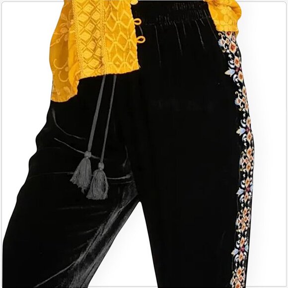 Johnny Was Black Velvet Embroidered Lempicka Easy Jogger Pants Boho New NWT M - Picture 3 of 10